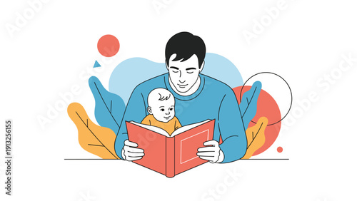 Caring father sits down to read a colorful picture book to his attentive baby against a stylish abstract floral background.