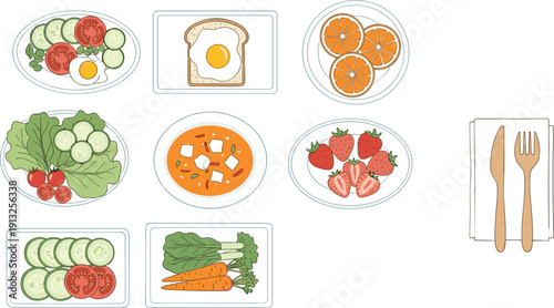 Healthy Food Meal Set with Salad, Soup, Fruits, Vegetables, Toast, and Breakfast Flat Vector Illustration for Balanced Diet, Nutrition, and Organic Lifestyle Design