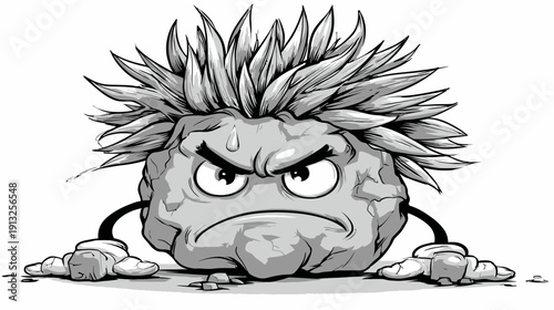A grayscale illustration depicts an angry anthropomorphic rock with spiky hair and cartoonish features