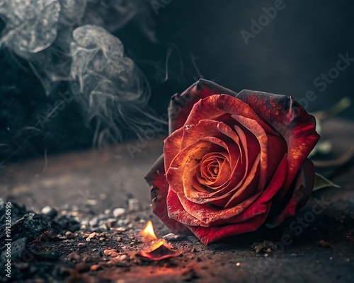 Burnt red rose on fire with smoke and embers on dark background