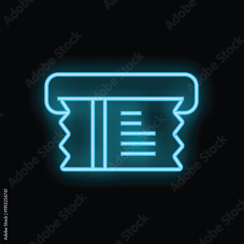 Glowing blue neon icon of an atm accepting a credit card is isolated on a black background