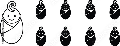 Minimalist Black Swaddled Newborn Baby Silhouette Vector Set with Smiling Faces and Curly Hair for Baby Shower Nursery Newborn and Maternity Illustrations