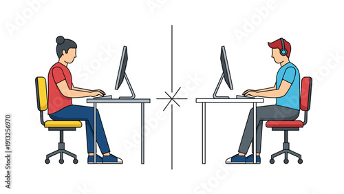 Man and woman working on their computers at separate desks divided by a physical barrier line in the middle of the room.