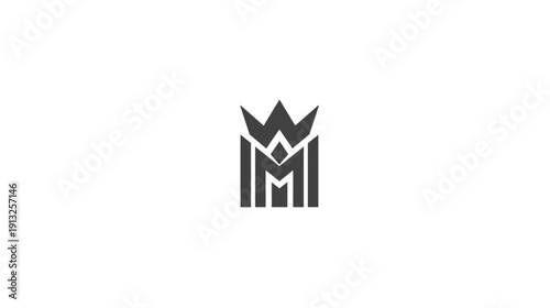 A dark gray stylized design featuring a crown above letters W and M and vertical bars