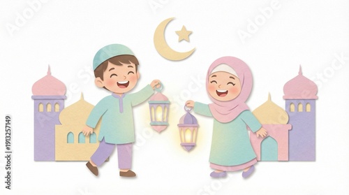 Happy Muslim children holding lanterns and celebrating Eid al-Fitr with mosque in the background