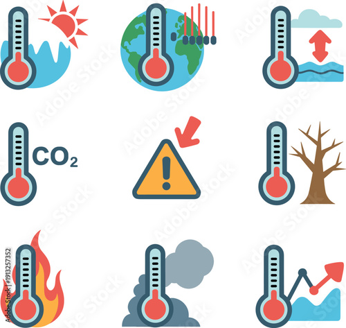 Global warming and climate change icon set with thermometer, CO2 emissions, rising temperature, wildfire and sea level symbols
