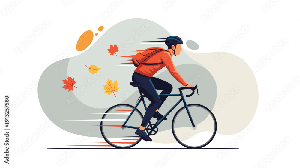 Fototapeta premium Male cyclist rides his road bike at high speed during the autumn season with falling maple leaves and motion blur.