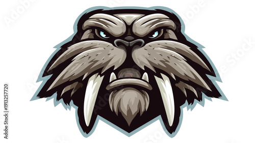 Cartoon-style illustration of a walrus head. The animal has large tusks, a furry face, and intense blue eyes