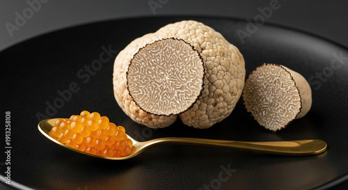 Slice of textured mushroom on spoon with golden handle