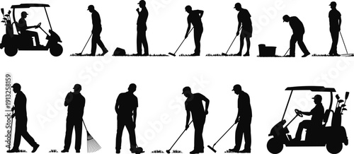 Golf course maintenance worker silhouettes with groundskeeping activities and golf cart black vector illustration isolated on white background for sports landscaping design
