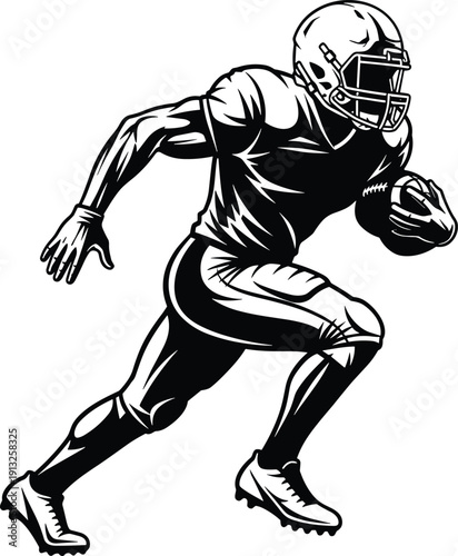 American football player silhouette illustration showing explosive running motion isolated black vector design for sports branding logos apparel posters marketing print media