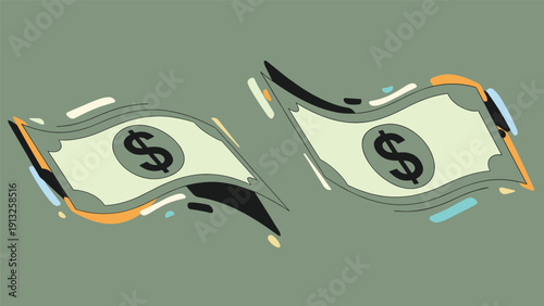 Two green dollar bills float in the air with motion lines against a dark background representing financial flow.