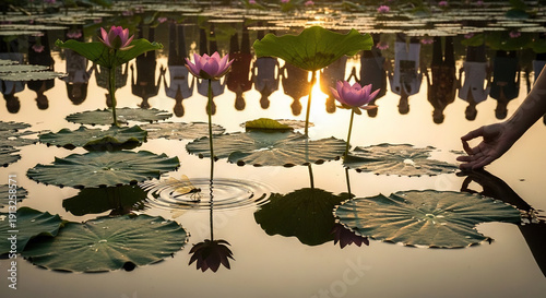Person touching water lily in a serene pond during golden hour