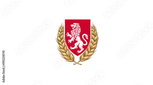 A heraldic emblem featuring a white lion rampant on a red shield, enclosed in a wheat wreath