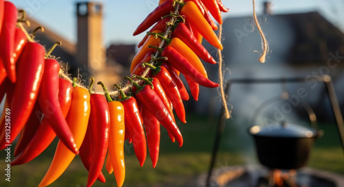 Colorful Chile Peppers Drying in Sunny Outdoor Setting