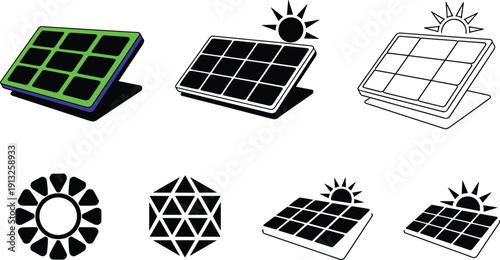 Solar panel icon collection with sun symbols in flat, isometric and outline styles for renewable energy design