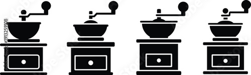 Classic coffee grinder silhouettes set in black minimalist vector illustration for cafe branding kitchen decor packaging labels icons and vintage design projects