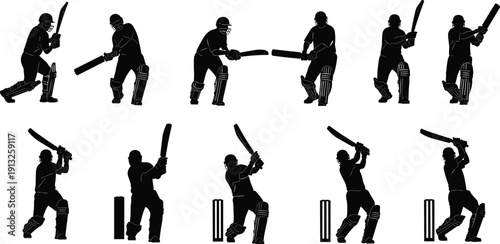 Cricket batsman silhouette set showing batting stances shots and gameplay actions isolated black vector illustration for sports training branding
