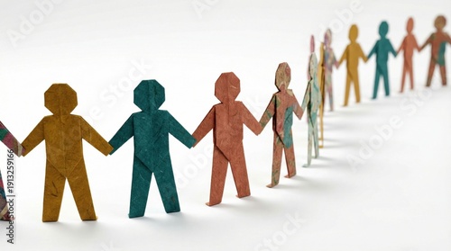 Curved Line of Multi-colored Paper People Holding Hands on White Background, Symbolizing Social Networking, Global Community, and Diverse Unity