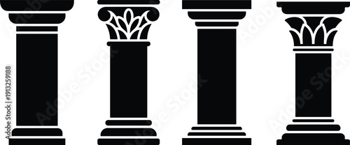 Classical architectural column silhouettes set featuring ancient pillars capitals and bases black shapes isolated on white background vector illustration