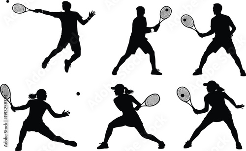 Tennis player silhouette set showing forehand backhand serve and volley actions isolated black vector illustration for sports training branding design