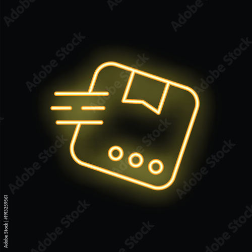 Yellow neon sign of a package being delivered fast, for e commerce and delivery service