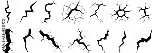 Crack and lightning fracture silhouettes set featuring broken ground wall damage shapes abstract destruction effects isolated on white background vector illustration