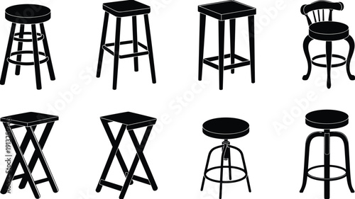 Bar Stool Silhouettes Collection Showing Different Chair and Seat Designs, Furniture Icons Set for Interior Design, Cafe and Kitchen Illustration Isolated on White Background