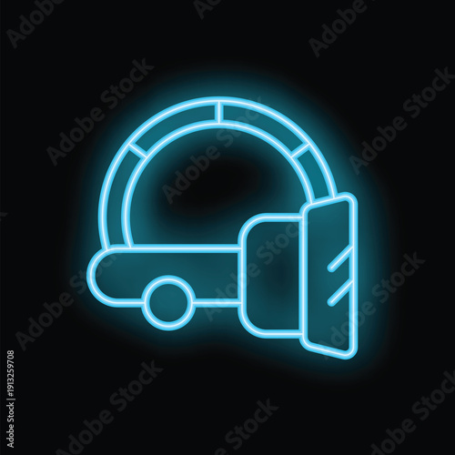 Neon icon of an autonomous self driving vehicle scanning the road with a sensor