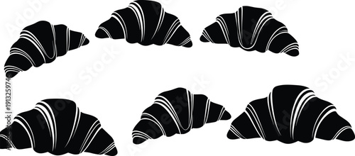 Croissant silhouette set in black showing assorted pastry shapes, French bakery bread icons isolated on white background