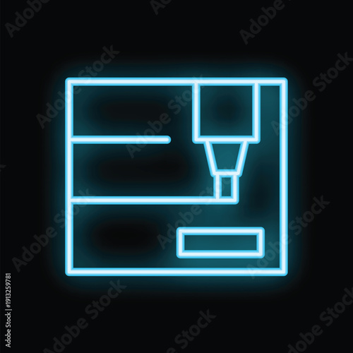 Bright glowing blue neon atm machine icon on a black background