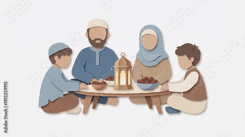 A Muslim family sharing a meal together, symbolizing Ramadan traditions and togetherness