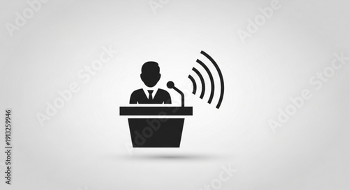 Businessman giving a speech from a podium with microphone symbolizing public speaking and communication in a corporate setting with a grey background
