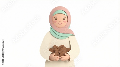 A young Muslim woman in a hijab holding dates, symbolizing Ramadan festivities and cultural traditions in Islam