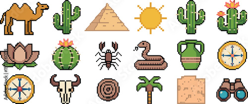 Desert Pixel Art Icon Set with Camel, Cactus, Pyramid, Sun, Scorpion, Snake and Explorer Elements in Retro 8 Bit Style