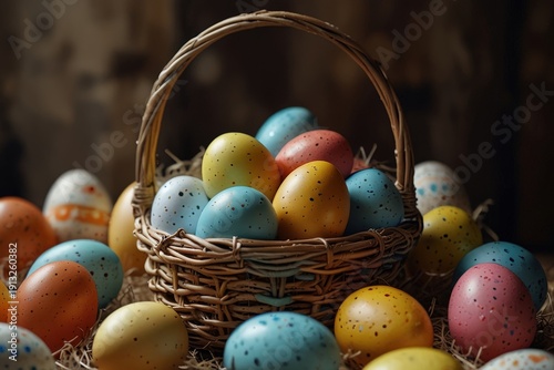 Colorful Easter eggs in a basket on the table