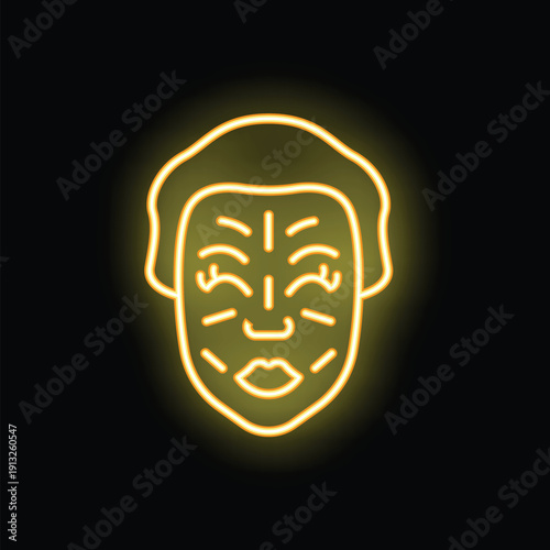 Yellow neon sign illustrating a female face highlighting wrinkles, suggesting cosmetic procedures or skincare for aging