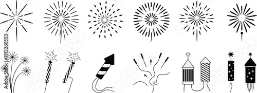 Fireworks and celebration icons set featuring sparkles, rockets, explosive bursts, festive pyrotechnics, party symbols, and holiday event vector illustration