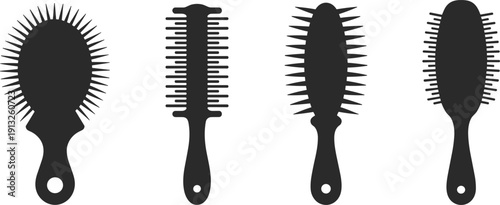 Hair brush silhouettes collection in black minimalist vector illustration for beauty salon hairstyling tools branding icons packaging and cosmetic design projects