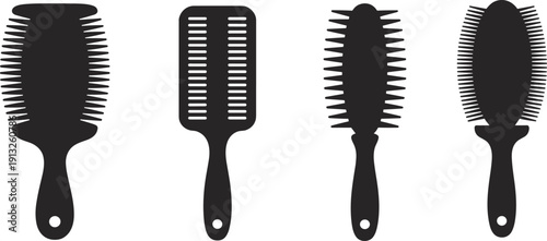 Hair brush silhouettes set in black minimalist vector illustration for beauty salon branding hairstyling tools packaging icons and cosmetic design projects