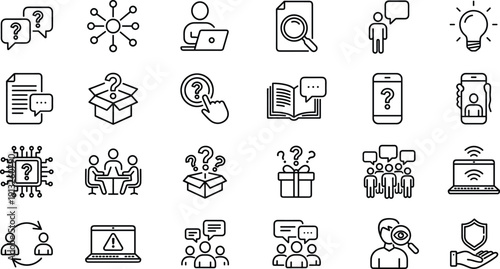 Customer support and FAQ line icons set, technical assistance, online help, problem solving, communication, technology service concepts collection minimalist outline design pack