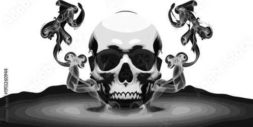 Realistic skull illustration with smoke effects rising isolated dark monochrome vector design for horror concept gothic art poster branding use