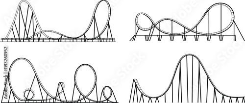 Roller coaster track line illustrations featuring loops drops and curves representing amusement park thrill rides black outline vector isolated