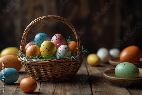 Colorful Easter eggs in a basket on the table