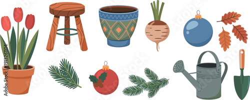 Hand drawn cozy home and garden illustration set with plants, pottery, tools, and seasonal decor isolated on white background for lifestyle design