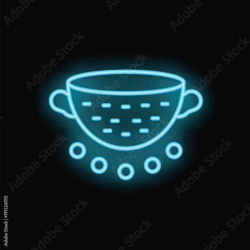 Bright glowing blue neon colander with water drops falling on a black background