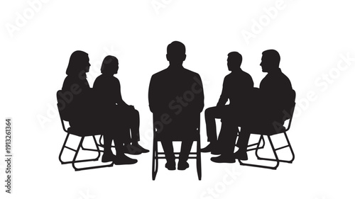 Group of people sitting in a circle engaged in a discussion or meeting in a simple, illustrated setting from a top-down viewpoint