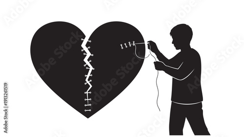 Man attempting to repair a severely damaged heart with needle and thread in a poignant illustration