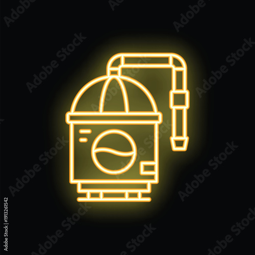 Yellow glowing neon icon of water being purified in a tank by a water purifier