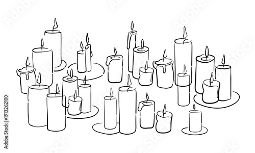 Big set of burning candles, continious line art. Cozy atmosphere and mystical ritual sketch. Vector illustration